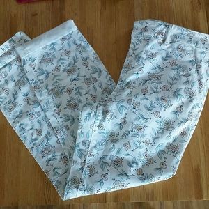 LOFT White Floral Straight-Leg Pants with Teal Leaf Print